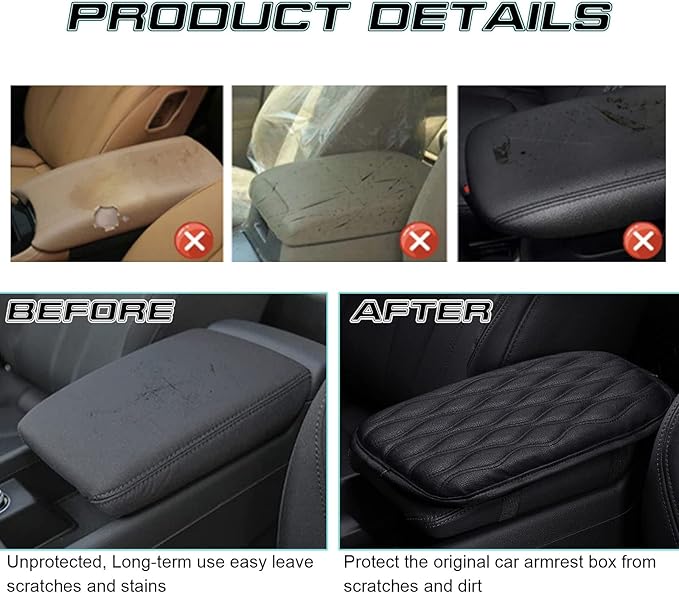 x xotic tech Center Console Cover Cushion Pad, Universal Waterproof Leather Armrest Seat Box Cover Protector Auto Interior Accessories for Most Cars, SUV, Truck 7.8" x 12" (Black)