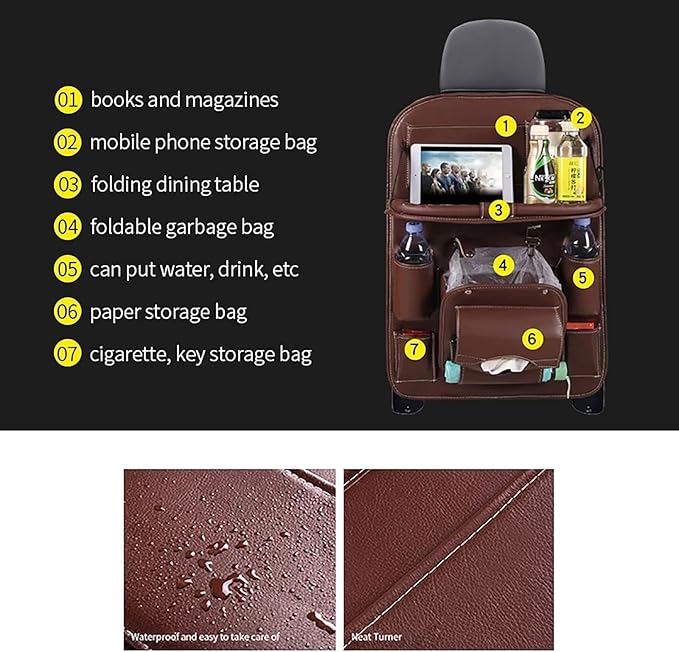 Leather Car Seat Back Organizer Tray Travel Car Storage Organizer Pad Bag with Foldable Table Car Trash Can Auto Accessories (Color : Beige)