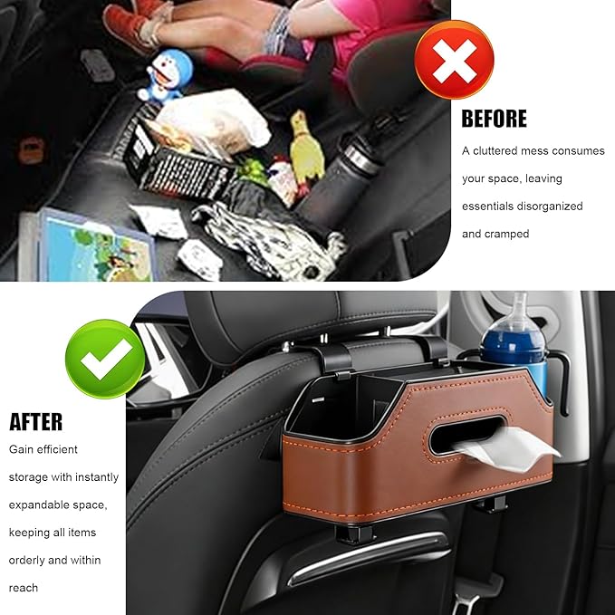 Sporacingrts Car Seat Back Organizer with Cup Holders, Tissue Box, Hooks, Phone Slot, Brown PU Leather Storage Box for Backseat, 1 Pack, Fits Most Cars SUVs Trucks
