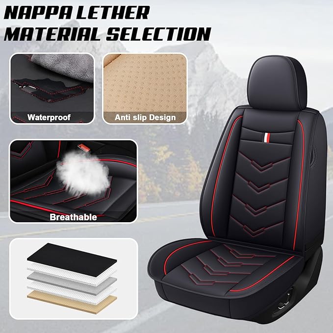 MVRVMV for Ford F-150 2010-2026 Seat Covers, Waterproof Leather Seat Cover (5 Seat Standard,Black-Red)