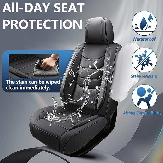 WENNFOUR Car Seat Covers Full Set, Universal Automotive Front and Rear Seat Protector Fit for Cars 5 Seats, Waterproof Breathable Leather Seat Cushion for Most Vehicles SUV Pick-up Truck, Black