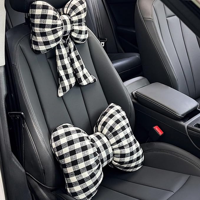 Car Accessories Plaid Bow Headrest Lumbar Pillow 4PCs Set Cotton Linen Elegant Soft Car Seat Cushions for Daily Commuting Trave (Black Plaid,headrest+Lumbar Pillow 2pcs)