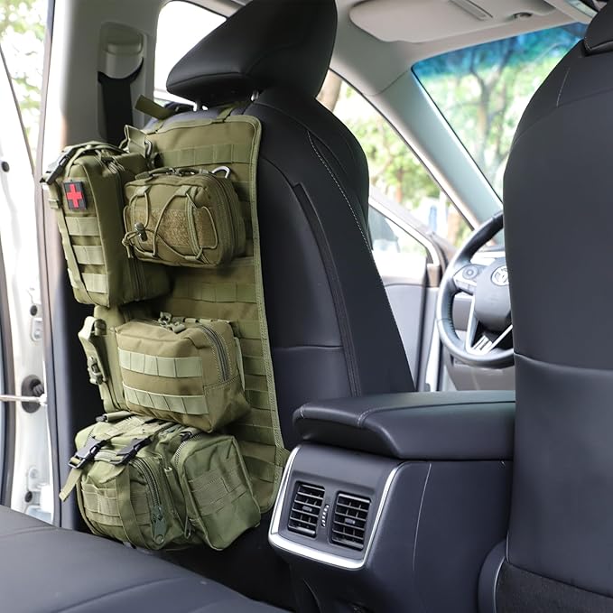 truck seat organizer and storage tactical car back seat back organizer with a Molle Vehicle Panel and 5 Different Size Molle Pouches for most models such as Jeep,SUV,Pickup(Army green)