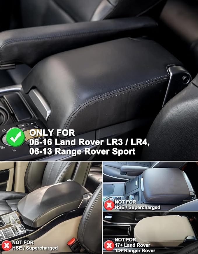 KBH Center Console Armrest Cover for 2006-2016 Land Rover LR3 & LR4, 2006-2013 Range Rover Sport, Middle Console Lid Protector, Vinyl Leather, Customized Accessories, Black (Not for Other Models)