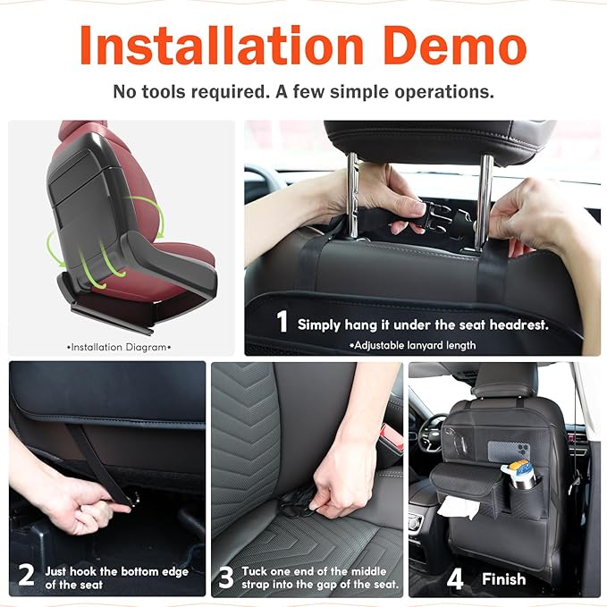 PU Leather Car Seat Back Organizer with Kick Mat Protectors, Tissue Holder, Water Bottle Holder, Phone Holder for Road Trips. Black (Black)