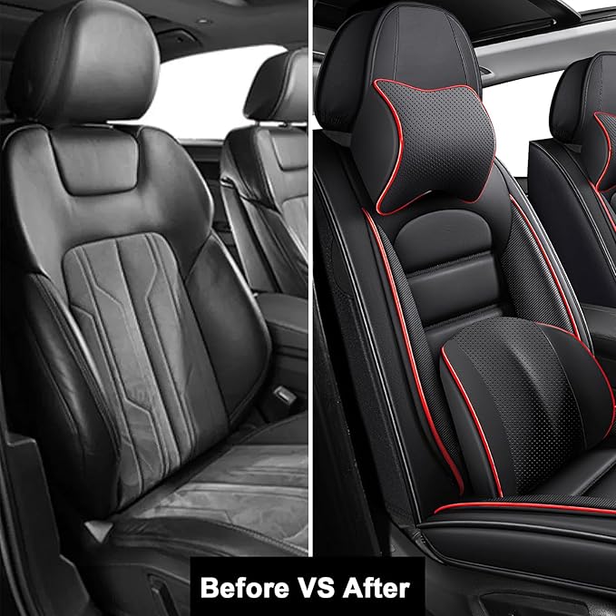 AREKA 2 Car Seat Covers for Honda Accord 2003-2026 Breathable Leather,Waterproof Car Seat Protectors with Comfort Headrest Pillows,Automotive Vehicle Cushion with Storage Pockets (Luxury,Redline)