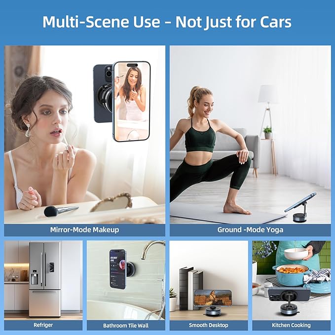Upgraded Vacuum Magnetic Car Phone Holder, 360° Rotation Suction Phone Mount, Foldable Magnetic Phone Stand for Your Car/Gym/Mirror/Shower for Smartphone (Black)