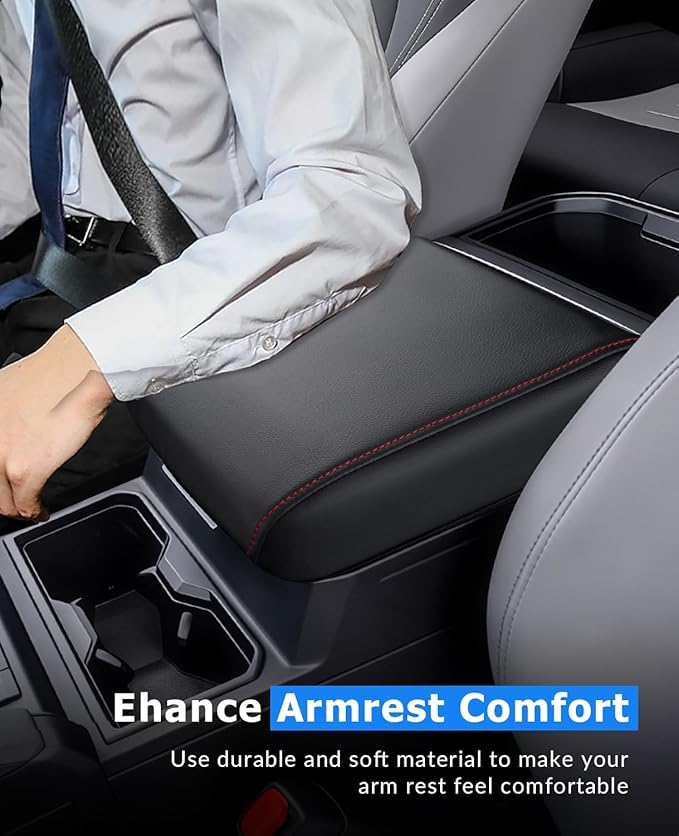 INTGET Center Console Cover for 2026 Toyota Tacoma Accessories 2024 2025 & 2025 2026 4Runner Accessories Leather Car Middle Armrest Arm Rest Box Lid Seat Protector Cushion(Red Stitches, 2024+)