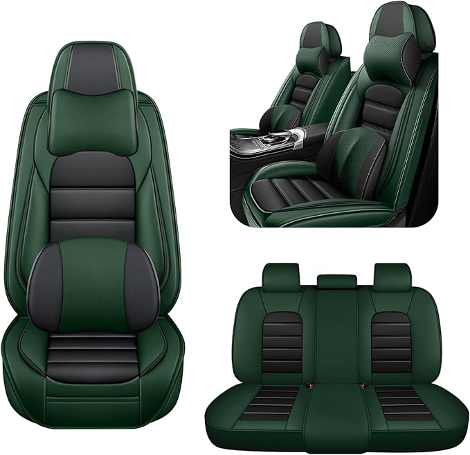 AREKA 5 Car Seat Covers for Honda Accord 2003-2026 Breathable Leather,Waterproof Car Seat Protectors with Comfort Headrest Pillows,Automotive Vehicle Cushion with Storage Pockets (Luxury,Green)