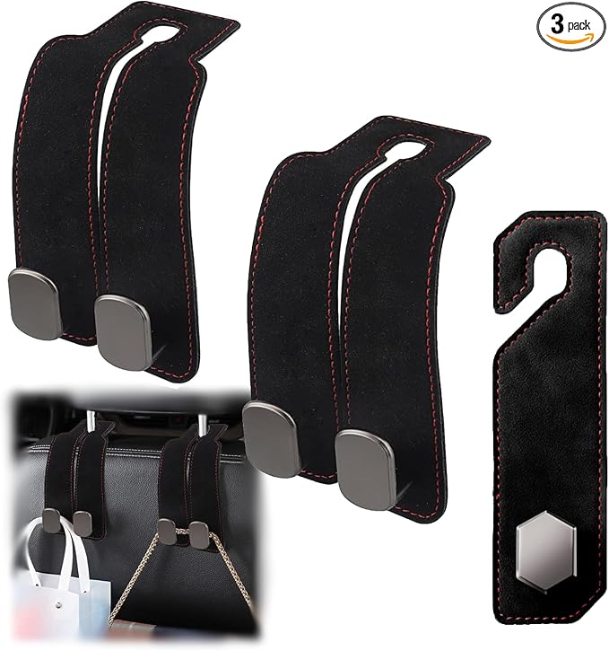 3PCS Car Seat Back Hook, Leather Car Seat Organiser Hooks, Universal Car Back Seat Headrest Hanger ,Car Seat Purse Hook,Car Hanger Storage Car Seat Back Organizer for Bags,Purses, Handbags (Black)