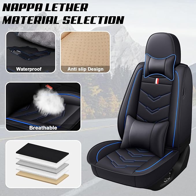 MVRVMV Seat Covers for Ford Edge 2007-2024, Waterproof Leather Auto Seat Cover with 2* Neck Pillow and 2* Lumbar Support (5 Seat Luxury,Black-Blue)