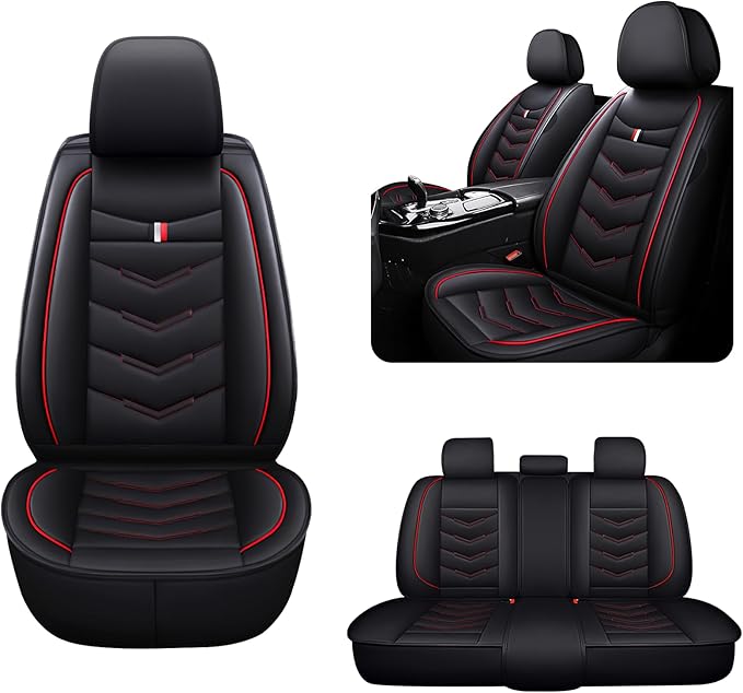 MVRVMV for Ford F-150 2010-2026 Seat Covers, Waterproof Leather Seat Cover (5 Seat Standard,Black-Red)