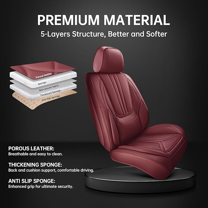SCDOOCA Car Seat Covers Front Seat Burgundy, Luxury Leather Seat Covers, Waterproof and Breathable Seat Covers, Universal Car Seat Protector Fit for Cars, Trucks, SUVs, Pick-ups, Wine Red