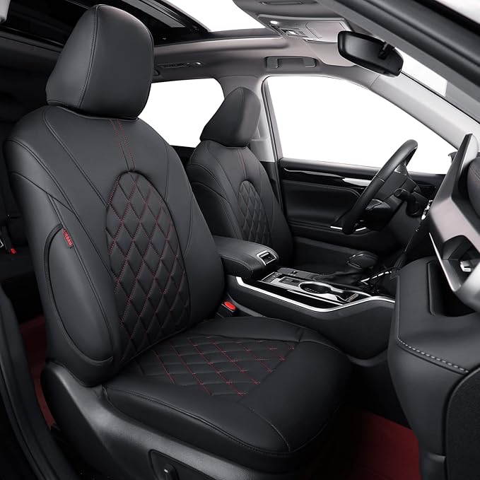 coverdream Highlander Seat Covers Full Set for 2020-2025 2026 Toyota Highlander SUV Seat Cushion,2nd Row Captain Chair,Fully Covered,Luxury Waterproof Leather Car Seat Protector (Black & Diamond)