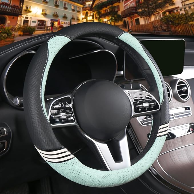 14 inch Cute Steering Wheel Cover for Women Men Faux Leather and Carbon Fiber,Black and Green