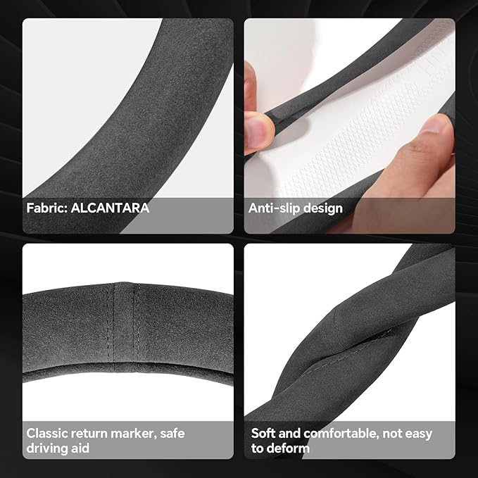 PAUUOOA Alcantara Sports Steering Wheel Cover 14.5" to 15" Fit - Anti-Slip Comfort Grip, Durable Soft Suede-Feel Luxury Material for Men Drivers | Fits Sports Cars, Luxury Cars, Sedans, SUVs and EV