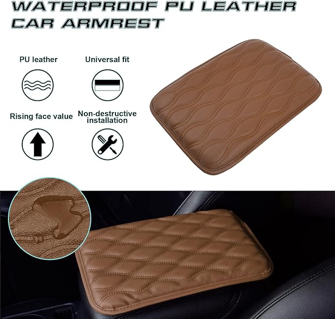 x xotic tech Car Center Console Cushion Pad, Universal Waterproof Leather Armrest Seat Box Cover Protector Auto Interior Accessories for Most Cars, SUV, Truck 7.8" x 12" (Brown)