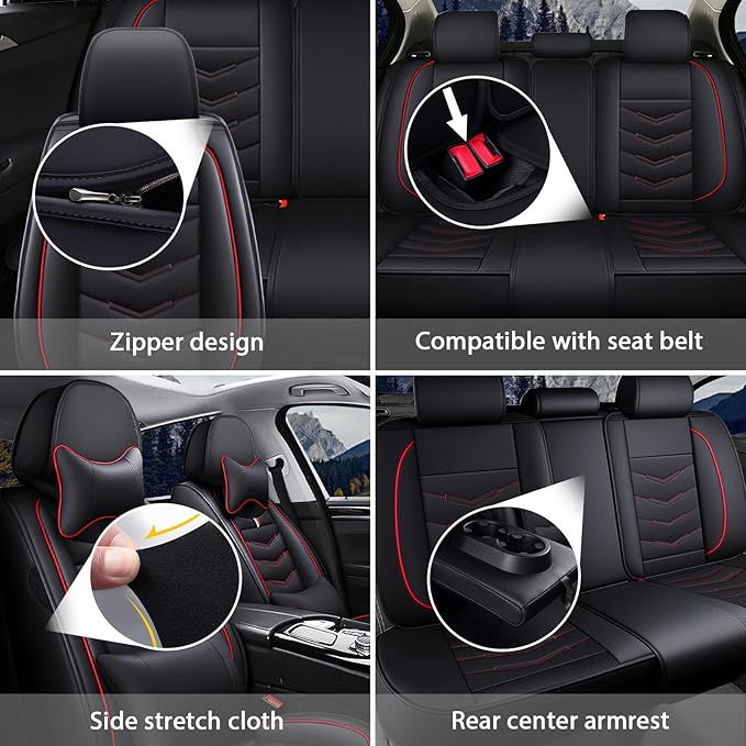 MVRVMV for Ford Maverick 2022-2026 Seat Covers, Waterproof Leather Seat Cover with 2* Neck Pillow and 2* Lumbar Support (2 Seat Luxury,Black-Red)