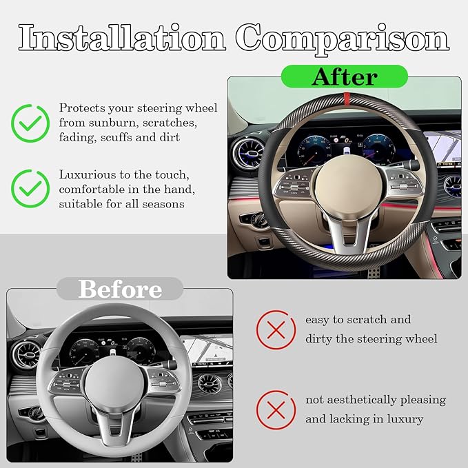 Black & Grey Carbon Fiber Leather Steering Wheel Cover, Microfiber Leather, Anti-Slip, Breathable, Universal Fit for 14.5–15 in Steering Wheel Cover for Men Women