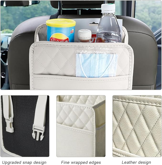 Car Seat Back Organizer, Large Capacity Foldable Car Seat Back Hanging Bag with 3 Extra Pockets, Waterproof Leather Auto Seats Storage Organizer, Car Travel Essentials Accessories (White)