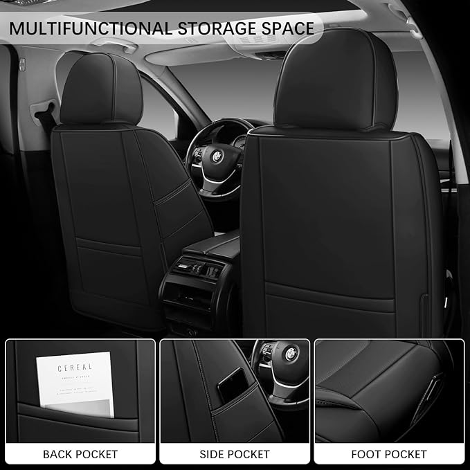 WENNFOUR Car Seat Covers Full Set, Universal Automotive Front and Rear Seat Protector Fit for Cars 5 Seats, Waterproof Breathable Leather Seat Cushion for Most Vehicles SUV Pick-up Truck, Black