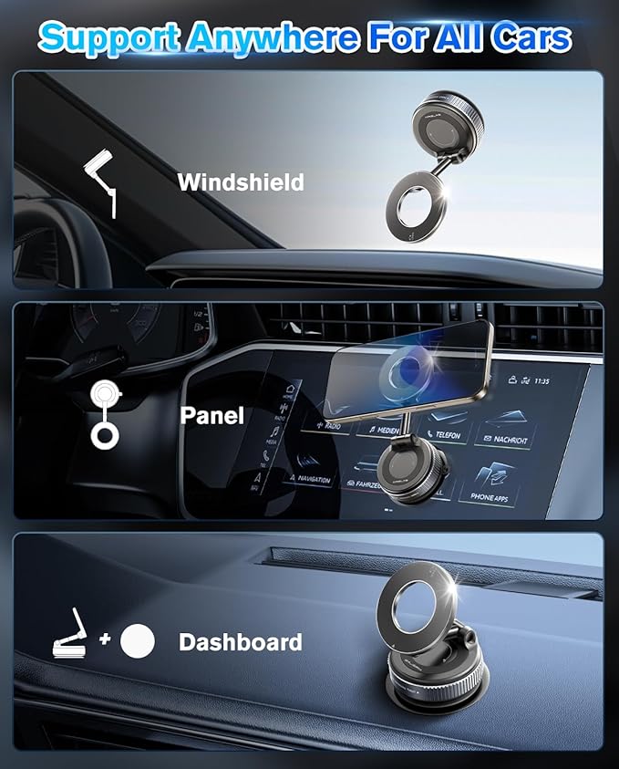 Vacuum Suction Magnetic Phone Holder, 2025 Upgraded Magnetic Car Phone Mount for Magsafe, 360°Adjustable Foldable Portable Suction Cup Phone Holder for Cars/Gyms/Mirrors/Smooth Surface