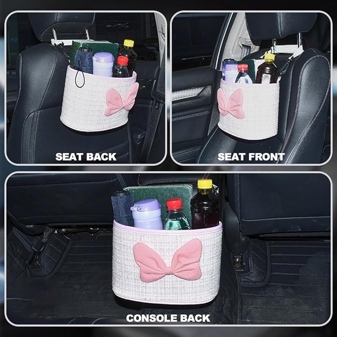 Multifunctional Car Seat Back Organizer Storage Bag Vintage Cotton Linen Hanging Vehicle Organizer for Vehicles Interior Organizer Accessories, Pink Linen Fabric
