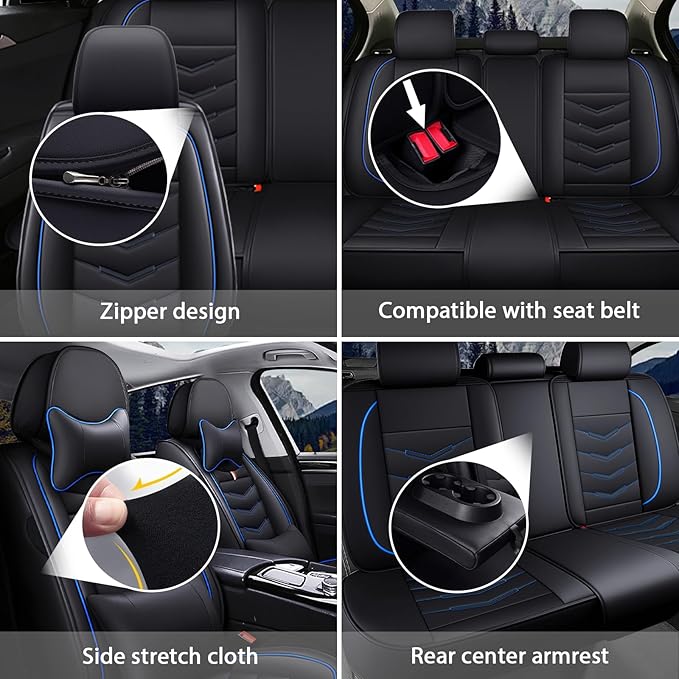 MVRVMV Seat Covers for Ford Bronco Sport 2021-2026, Waterproof Leather Auto Seat Cover with 2* Neck Pillow and 2* Lumbar Support (5 Seat Luxury,Black-Blue)