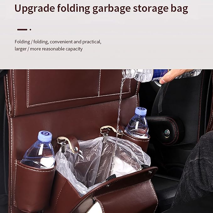 Leather Car Seat Back Organizer Tray Travel Car Storage Organizer Pad Bag with Foldable Table Car Trash Can Auto Accessories (Color : Beige)