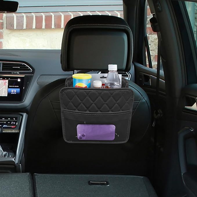 Car Seat Back Organizer, Car Organizers and Storage, PU Leather Vehicle Backseat Hanging Storage Pocket, Multipurpose Auto Travel Essentials Accessories for Kids & Adults, Universal for Cars (Black)