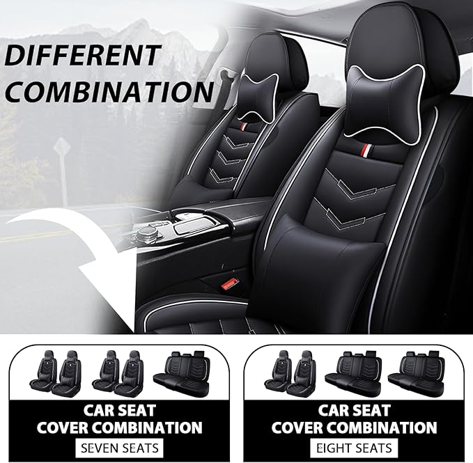 MVRVMV Luxury Car Seat Covers for Honda Pilot 2010-2026, Wear-Resistant Front and Rear Seat Cover with 2* Neck Pillow and 2* Lumbar Support (8 Seat Luxury, Black-White
