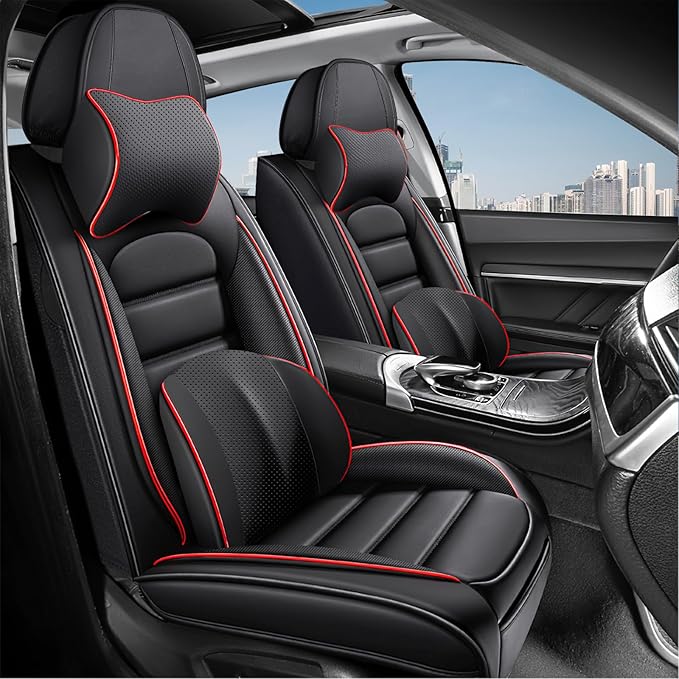 AREKA 2 Car Seat Covers for Honda Accord 2003-2026 Breathable Leather,Waterproof Car Seat Protectors with Comfort Headrest Pillows,Automotive Vehicle Cushion with Storage Pockets (Luxury,Redline)