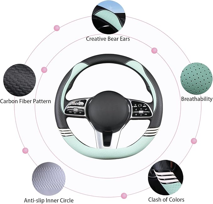 Cute Steering Wheel Cover D Shape for Women Men Breathable Universal 15 inch,Black and Green