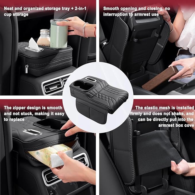 Car Armrest Storage Box for Audi Q8 2018–2025 2020 2021 2022 2023 2024, Sport-Style Center Console Organizer with Side Pocket, PU Leather Armrest Cushion, Elbow Support Pad,A Black
