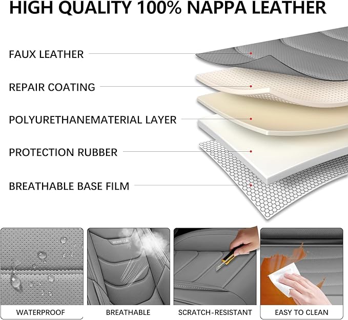 WENNFOUR Car Seat Covers Full Set, Universal Automotive Front and Rear Seat Protector Fit for Cars 5 Seats, Waterproof Breathable Nappa Leather Seat Cushion for Most Vehicles SUV Pick-up Truck, Grey