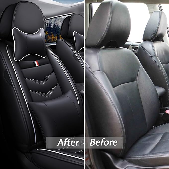 MVRVMV Luxury Car Seat Covers for Ford Explorer 2012-2026, Nappa Leather Auto Seat Cover with 2 Neck Pillows and 2 Lumbar Supports (5 Seat Luxury, Black-White)