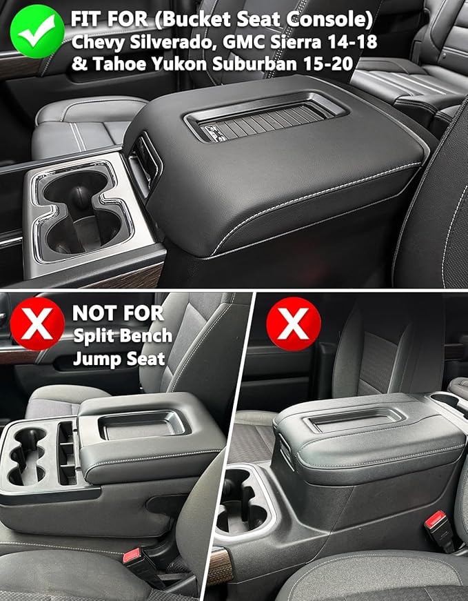 KBH Center Console Armrest Cover for Chevy Suburban Tahoe & GMC Yukon 2015-2020, Silverado & Sierra 1500 2500 3500 2014-2018, Bucket Seat, Customized Arm Rest Lid Protective Cushion, PU Leather