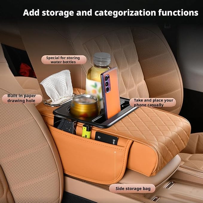 Multifunctional PU Leather Car Armrest Box Mat with Central Elbow,2026 New Universal Car Armrest Cover/Cushion/Organizer,5 in 1 Center Console Pad with Cup Holder,Fit for Most Cars, Suvs, Trucks