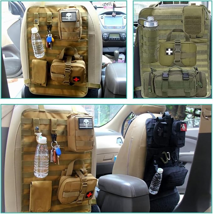 Car Seat Back Organizer, Tactical MOLLE Sag Proof Vehicle Panel Backseat Cover Protector, Universal Molle Nylon Storage Bag Seat Back Hanger Pad for Car Truck SUV Pickup (Army Green)