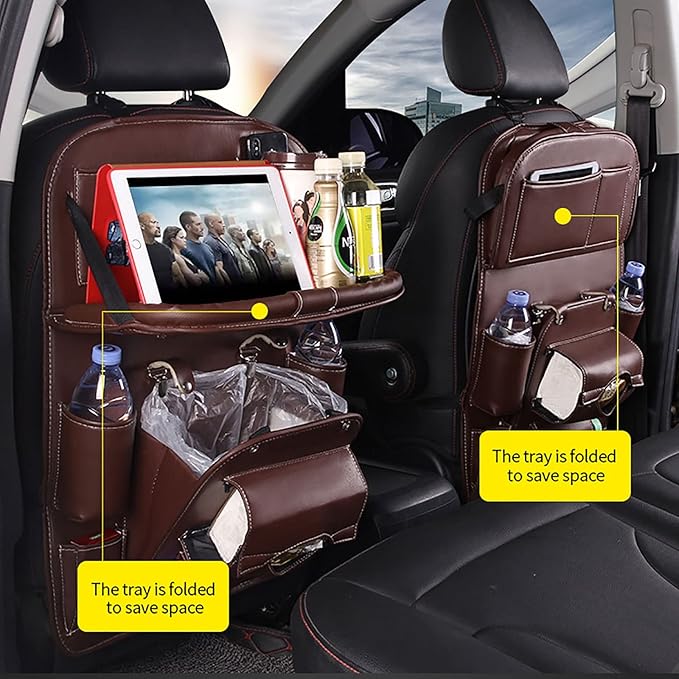 Leather Car Seat Back Organizer Tray Travel Car Storage Organizer Pad Bag with Foldable Table Car Trash Can Auto Accessories (Color : Beige)