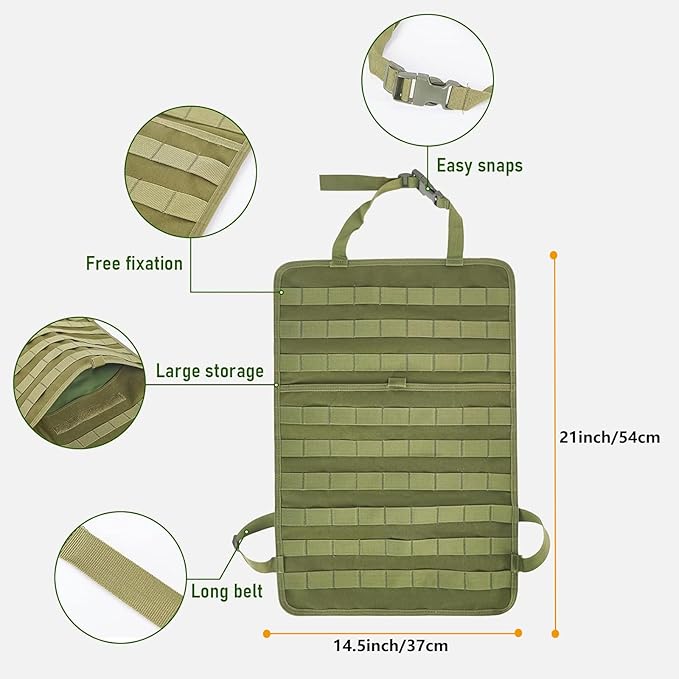 truck seat organizer and storage tactical car back seat back organizer with a Molle Vehicle Panel and 5 Different Size Molle Pouches for most models such as Jeep,SUV,Pickup(Army green)