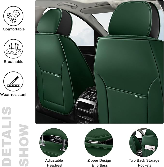 AREKA 5 Car Seat Covers for Honda Accord 2003-2026 Breathable Leather,Waterproof Car Seat Protectors with Comfort Headrest Pillows,Automotive Vehicle Cushion with Storage Pockets (Luxury,Green)