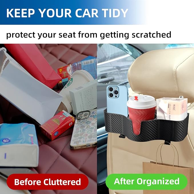 3-in-1 Car Headrest Backseat Organizer with 3.7" Backseat Cup Holder for Car, Seat Back Organizer with Hooks