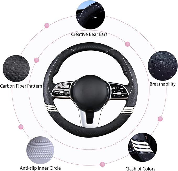 Cute Steering Wheel Cover for Women Men Leather Universal 15 inch,Black