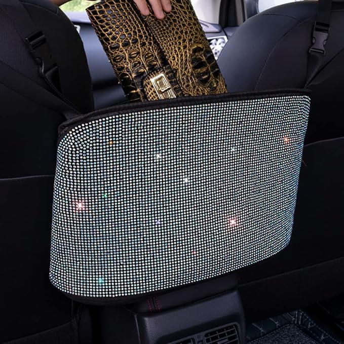 Car Net Pocket Handbag Holder Between Seat Back Organizer Storage Bag, Purse Holder for Console Front Seat Storage Barrier, Rhinestone Car Storage Organizer Between Front Seats, Multicolor