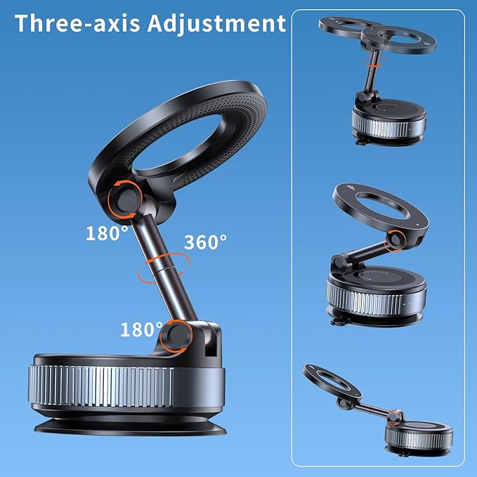 Upgraded Vacuum Magnetic Car Phone Holder, 360° Rotation Suction Phone Mount, Foldable Magnetic Phone Stand for Your Car/Gym/Mirror/Shower for Smartphone (Black)
