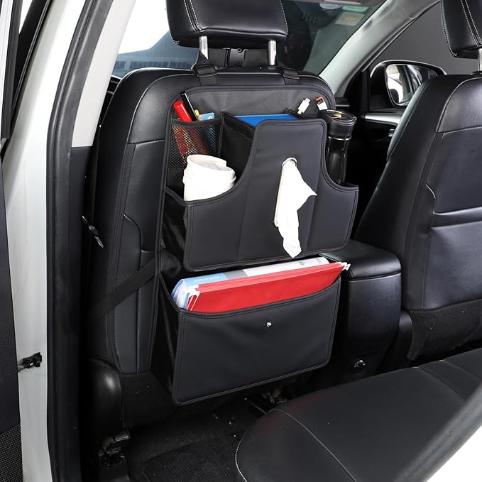 Car Tissue Holder and Seat Back Organizer, Extra Multifunctional Drink Cup Holder Keeps Your Car Clean and Tidy,Storage Bag (Style C Black)