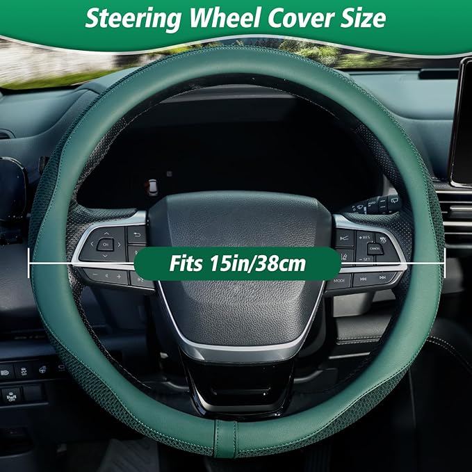 ZHOL Green Steering Wheel Cover,Soft Microfiber Leather,Non-Slip and Breathable Car Steering Wheel Cover for All Season,Universal Fit for 15 Inch