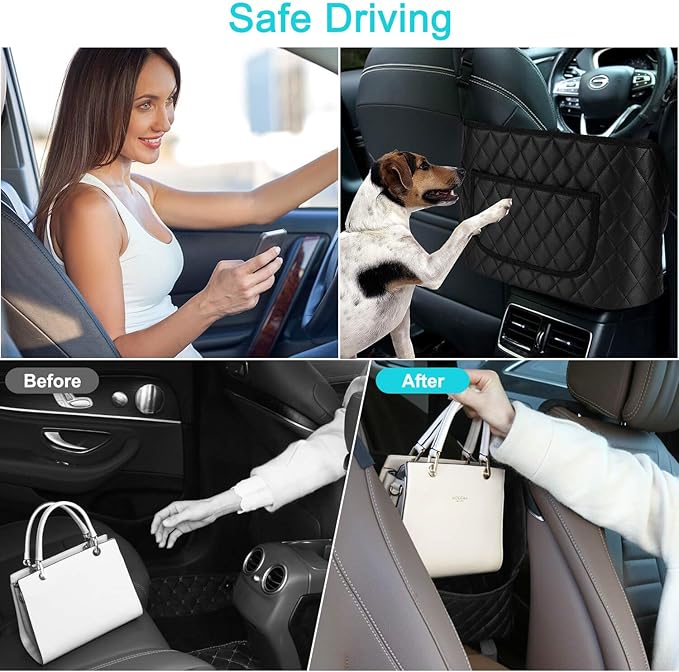Car Pocket Handbag Holder, Seat Back Organizer Mesh with Premium Leather, Car Storage for Purse Holder, Barrier of Backseat Pet Kids Attaches to Headrest (Black+Pocket)