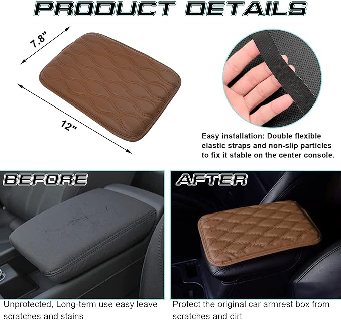 x xotic tech Car Center Console Cushion Pad, Universal Waterproof Leather Armrest Seat Box Cover Protector Auto Interior Accessories for Most Cars, SUV, Truck 7.8" x 12" (Brown)